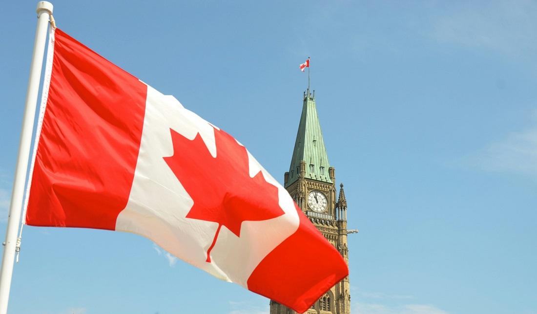 Canada flag flapping in front of parliament