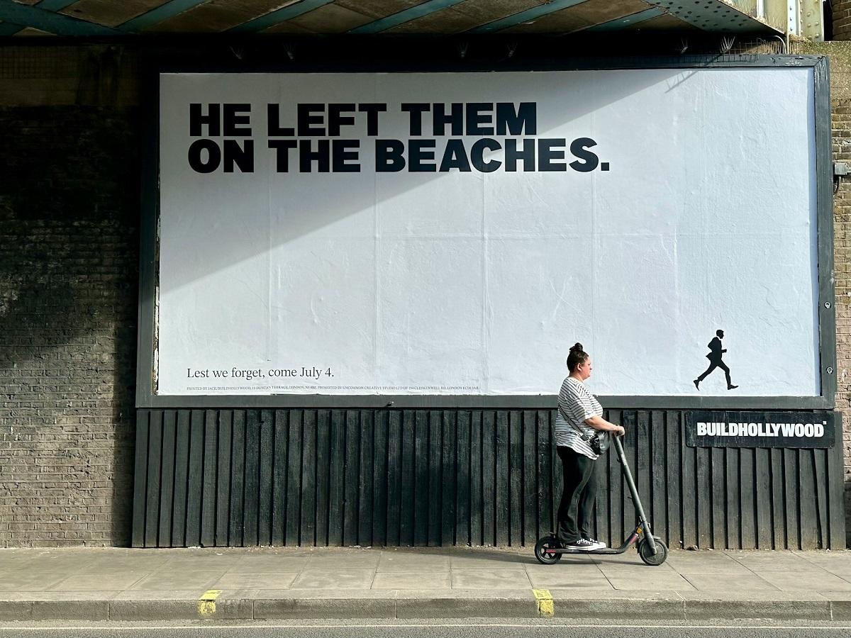 Labour political ad against Conservatives reading 'He left them on the beaches'