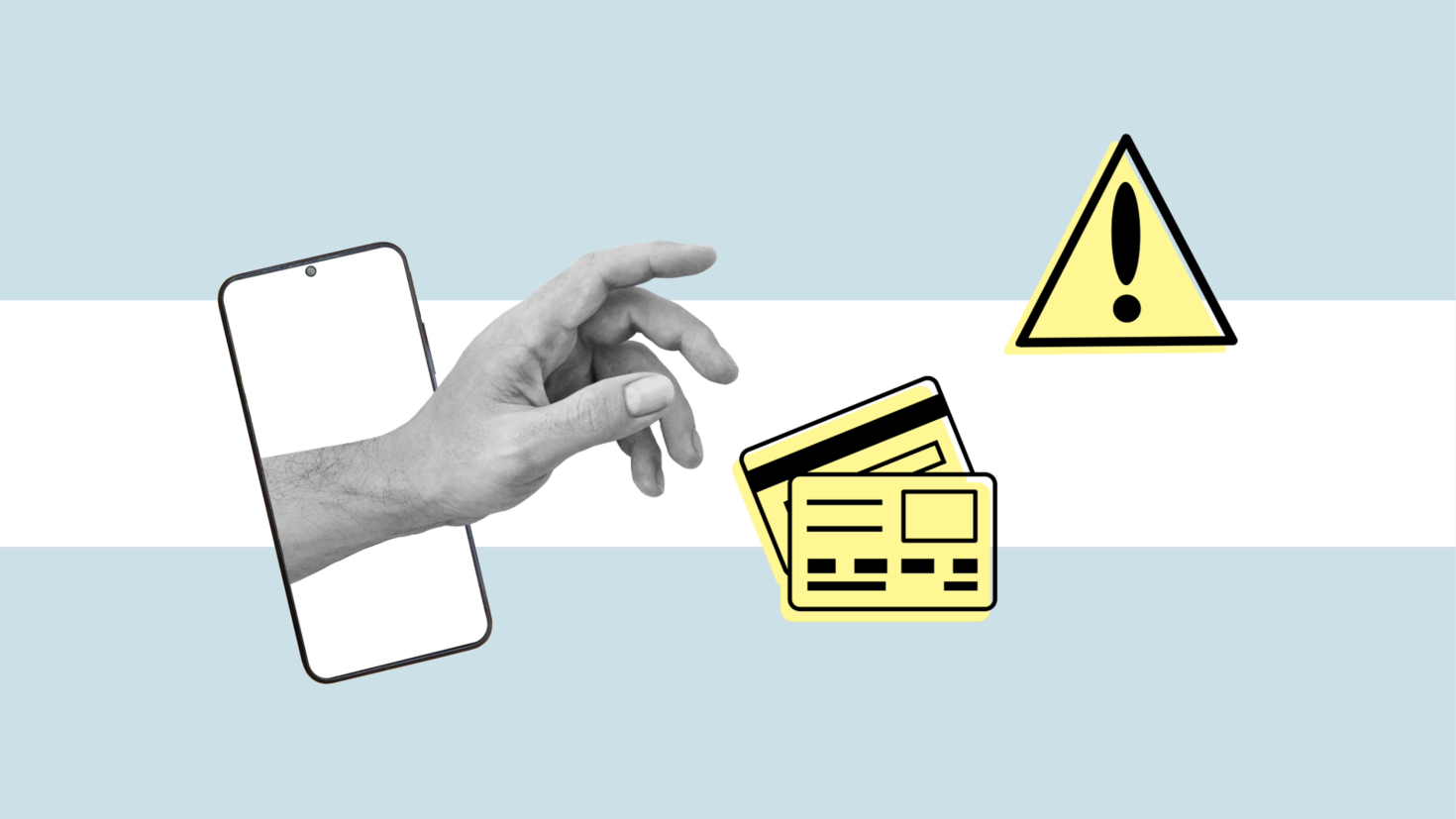 hand out of a phone trying to hold card and attention sign