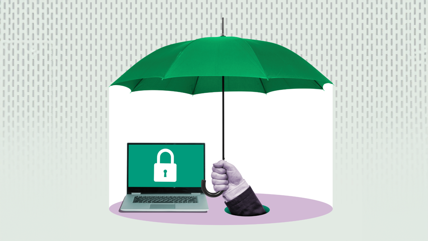 image of hand holding a green umbrella and beneath it a laptop with lock icon