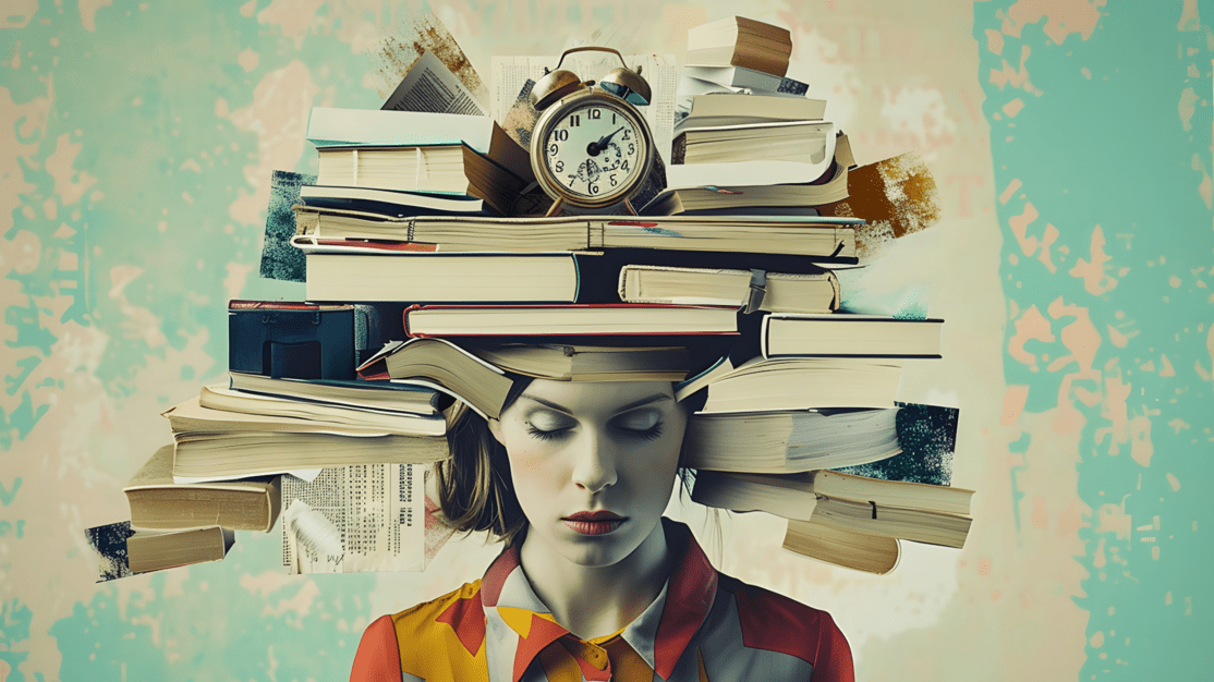 A stack of various books with an alarm clock on top, placed in front of a person whose face is obscured by one of the books