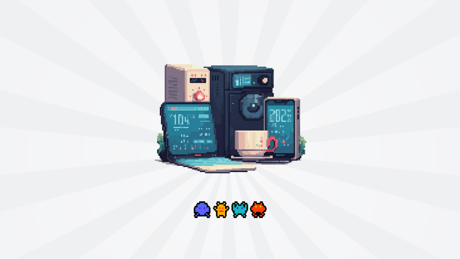 laptop, coffee machine and coffee mug, smart phone and thermostat