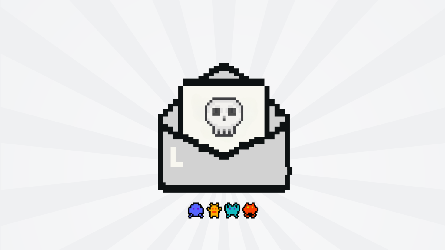 pixelated open envelope containing sheet of paper with skull image above 4 computer viruses 