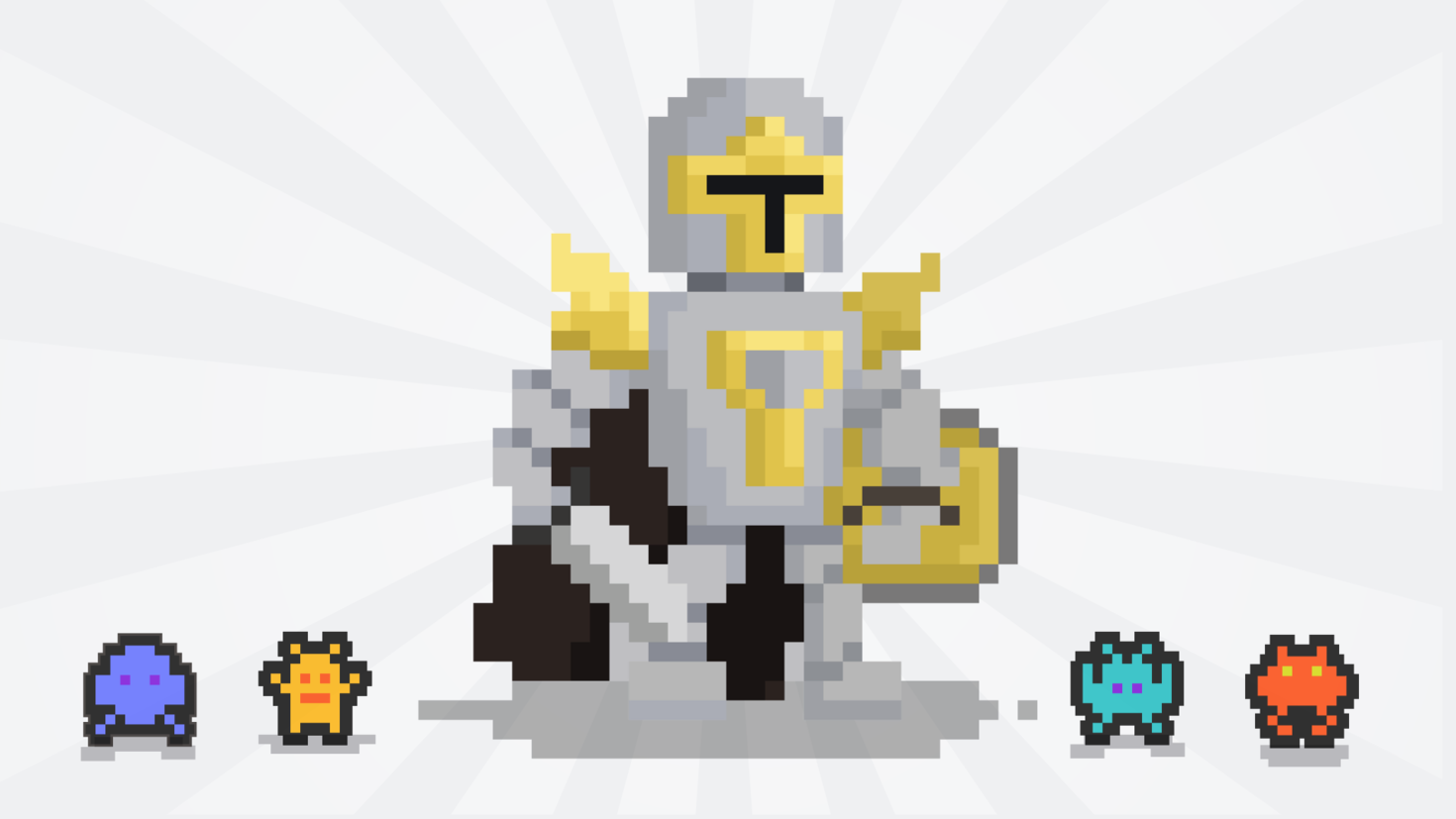 pixelated knight in the middle of 4 computer viruses