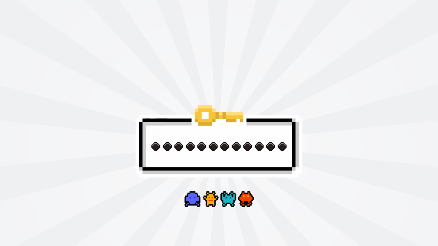 text box field with key on top edge, filled with a line of black dots with 4 computer viruses below it