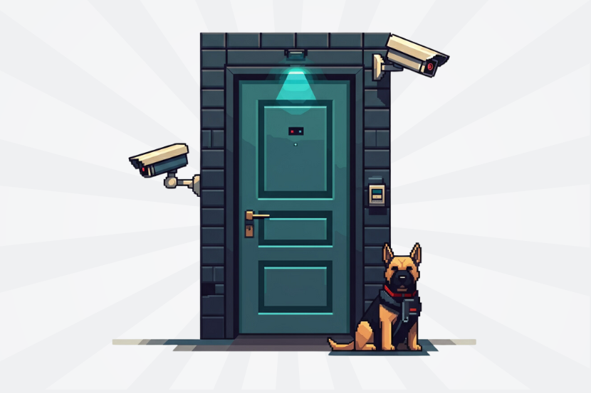 Door with a biometric scanner, 2 security cameras, lock, fingerprint scanner and guard dog