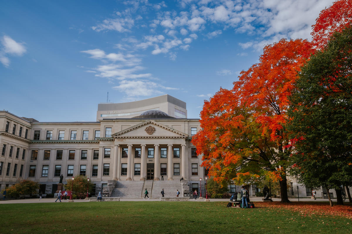 Exterior view of Tabaret Hall in the fall