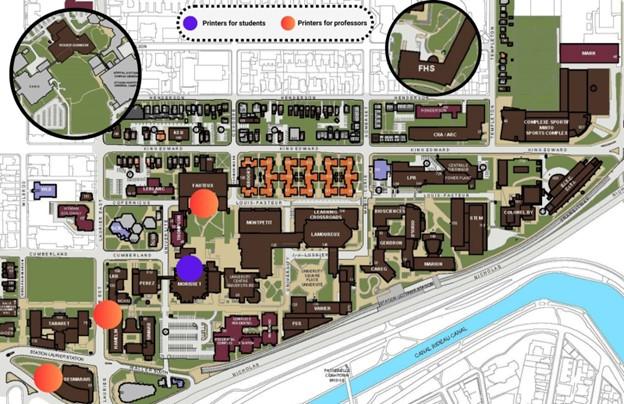 MAP of intense printing activities represented by a blue dot for students printers and red ones for professors