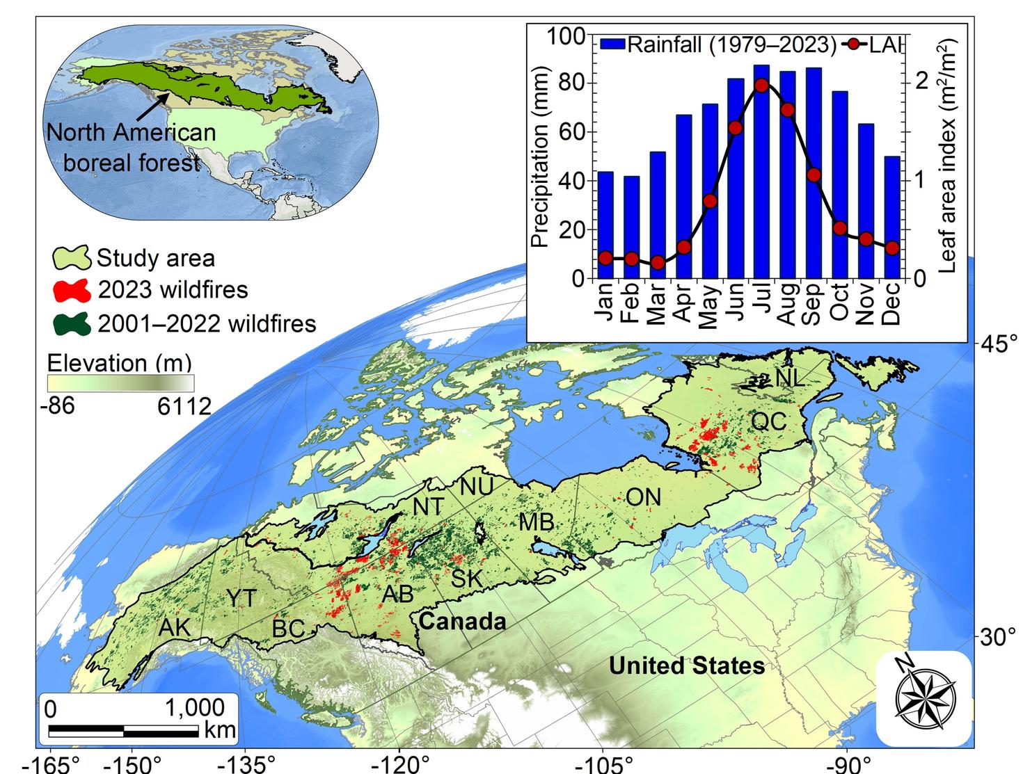 The study area includes North American boreal forests. Historical (1979–2023) monthly precipitation values and MODIS LAI (2000–2023) data are shown in the upper right panel.