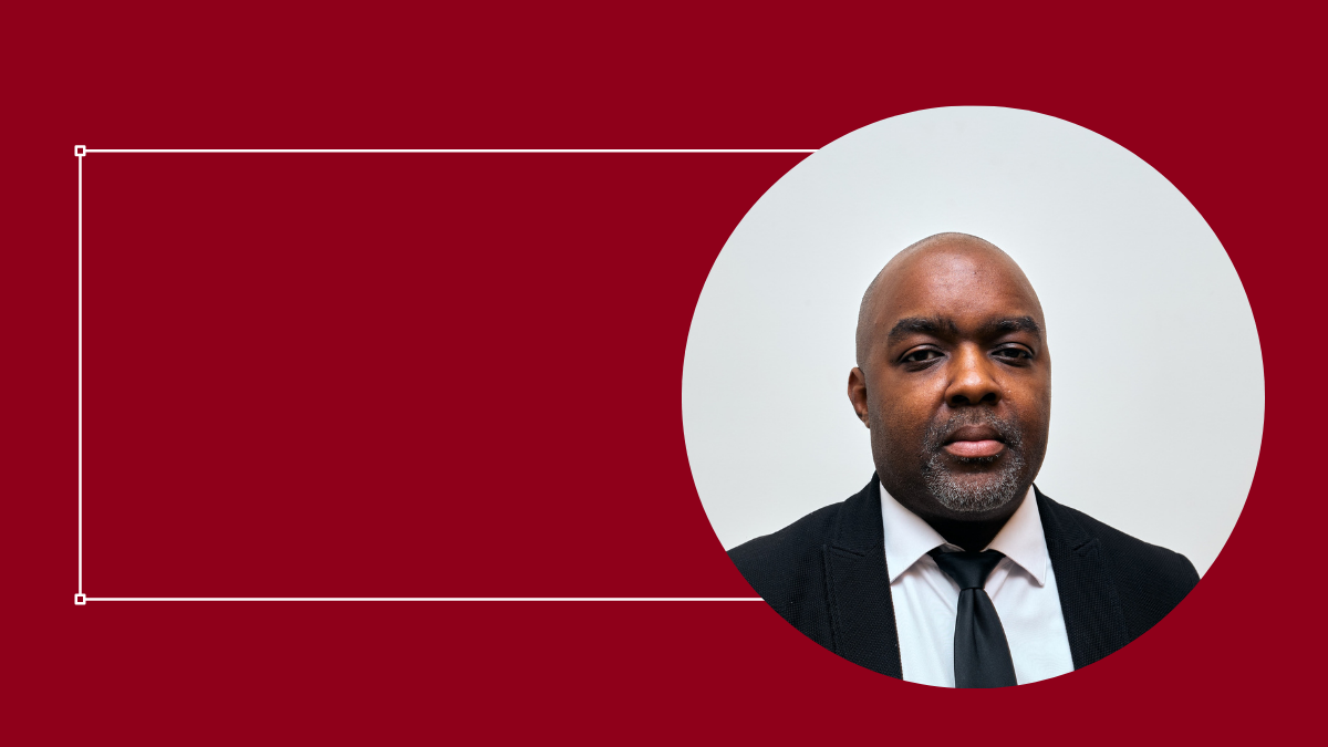 Daniel Jean-Baptiste, IT manager headshot inside a grey circle on a red background