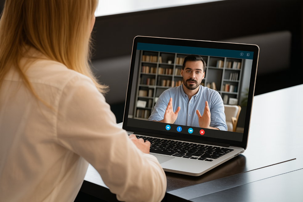 Woman listening to a man talk on a screen of a laptop