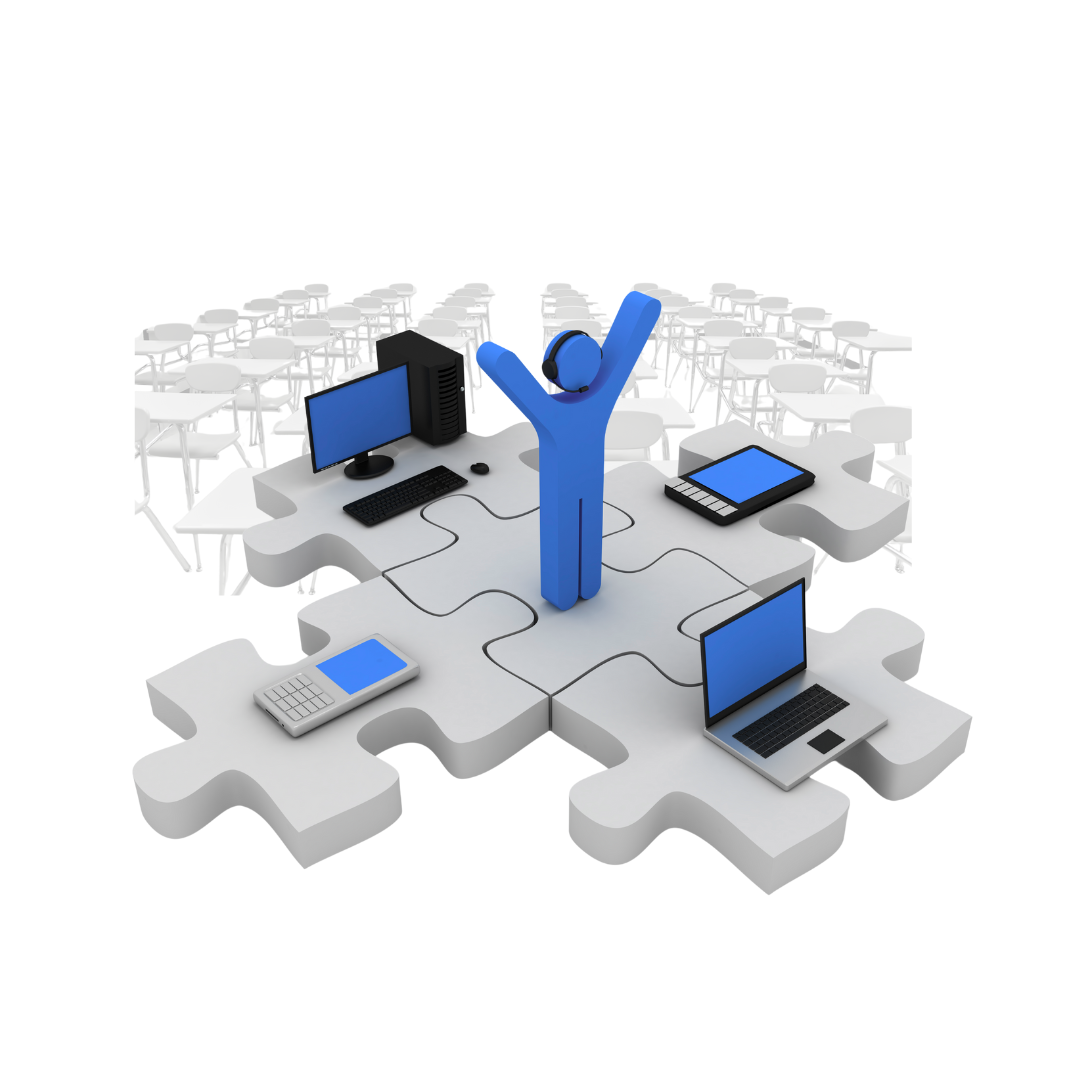 A person stands atop a puzzle piece, engaged with different technological items, illustrating the connection between technology and solutions.