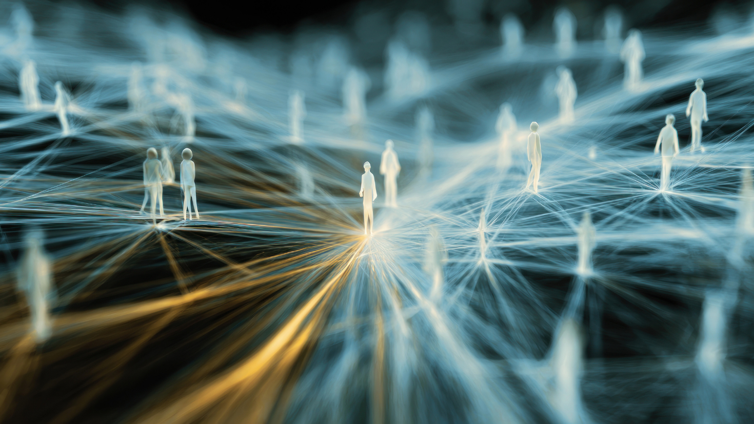 Abstract image showing small human figures connected by glowing lines, representing digital networks and collaboration.