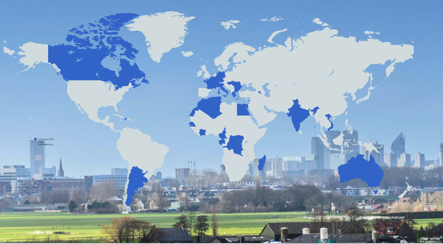 Skyline of the Hague with a map of the world overlay