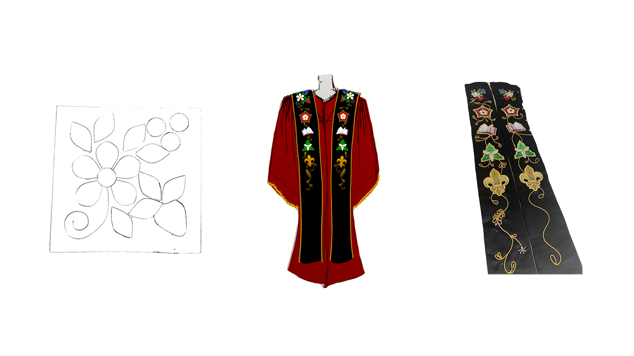 3 stages of the design of the stole: pencil drawing of flowers, illustration of the final design of the stole and nearly-complete embroidered stole.