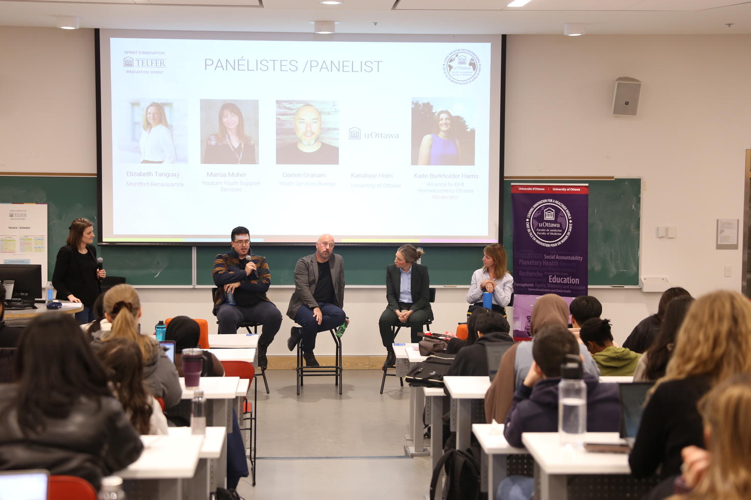 Kaite Burkholder Harris (left) guides the opening discussion on the causes of youth homelessness with community partners and uOttawa criminologist Kanatase Horn (second from left). Photo: Norane Hassan