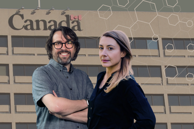 Photos of professors Jason Millar and Kelly Bronson overlaid on a photo of a Canadian government building.