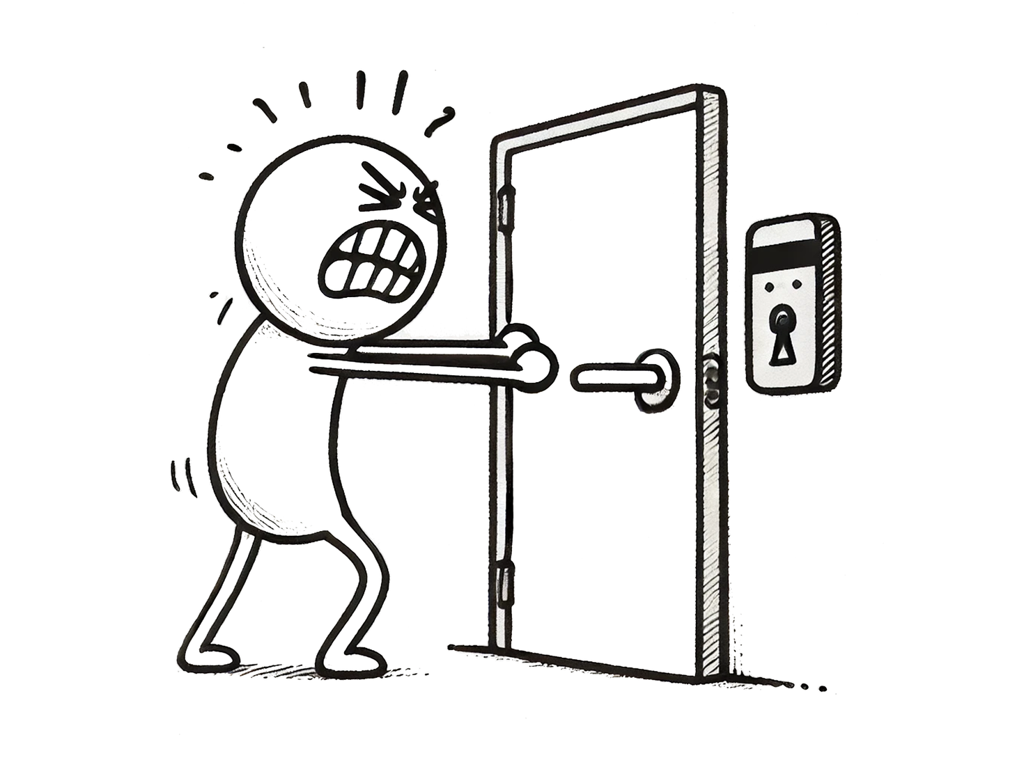 Angry character trying to access a locked door