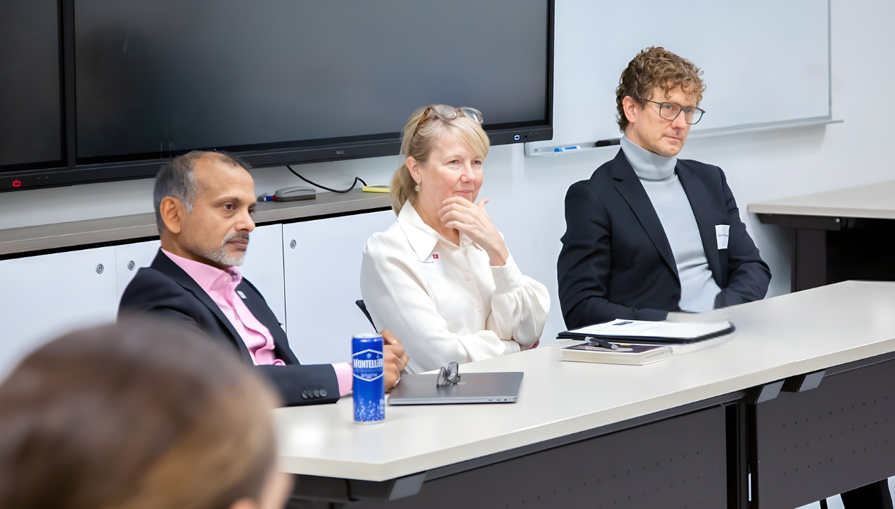 OVPRI Leaders actively listening to someone speak out of frame. From left to right, Muralee Murugesu, Martine Lagacé and Derrick Gibbings.