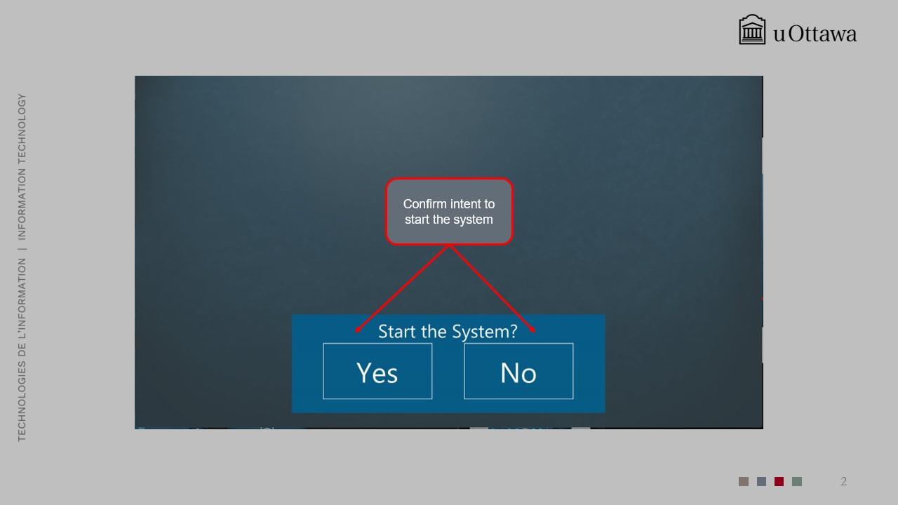 System confirmation screen asking whether to start the system, with “Yes” and “No” buttons.