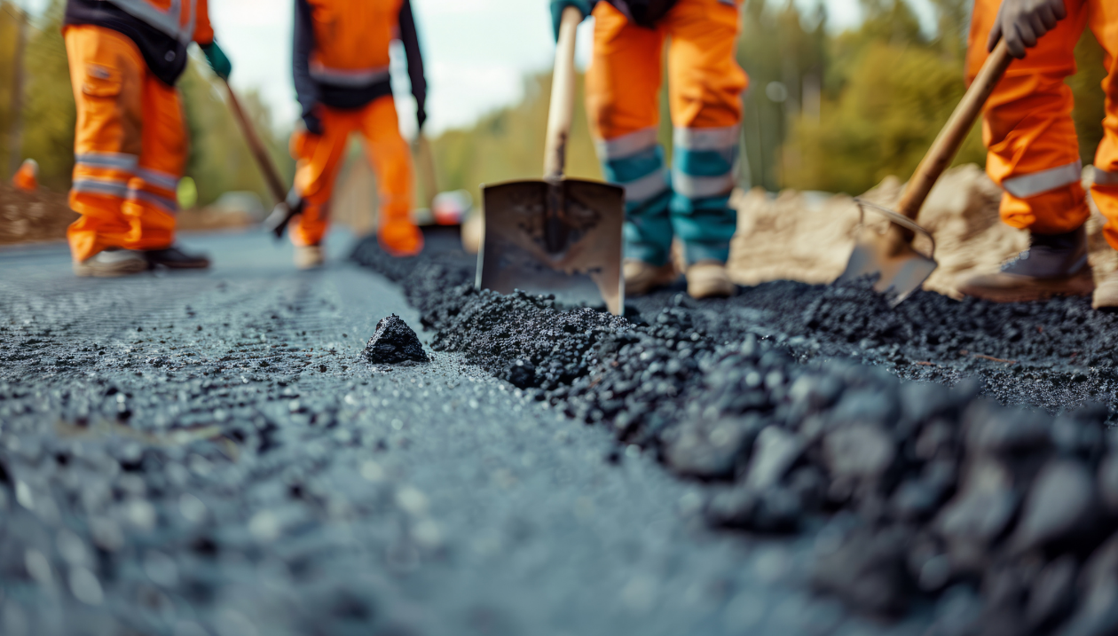 Construction workers laying asphalt