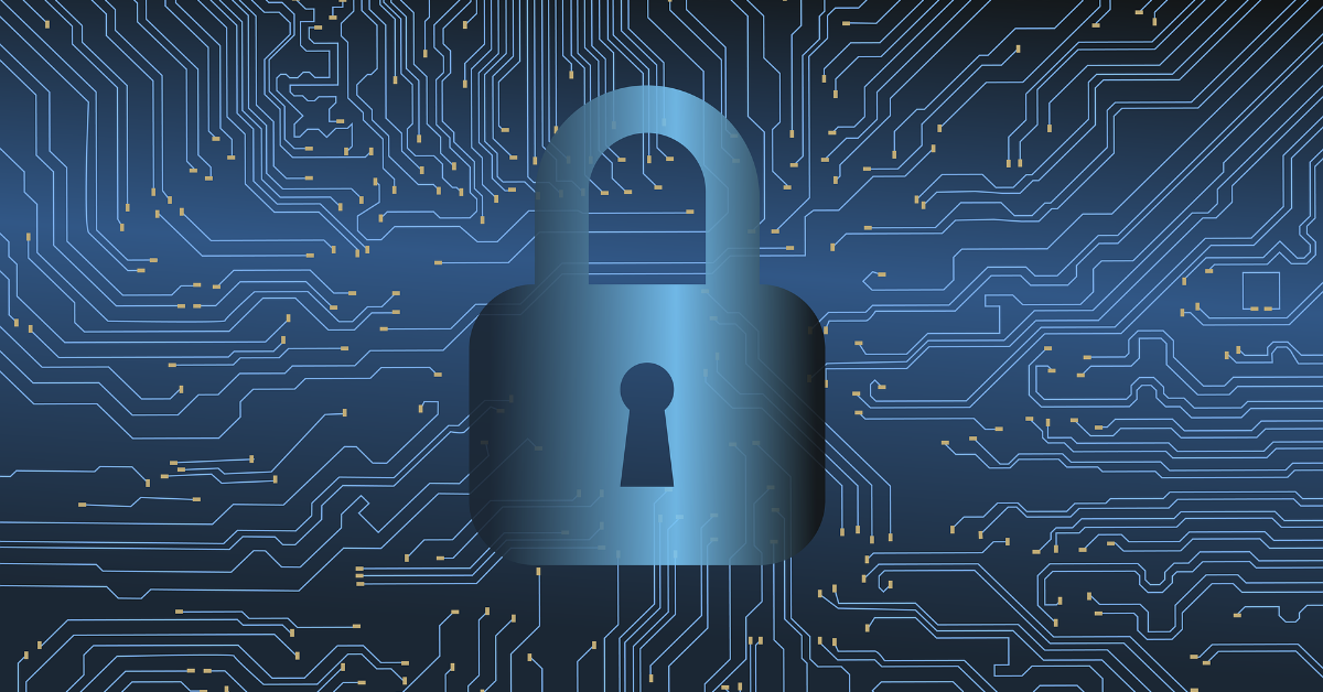 Lock symbol placed over drawing of a data chip. 