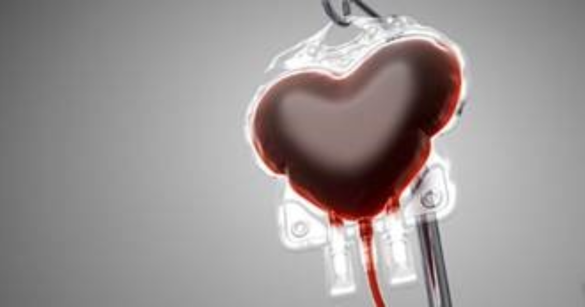 A blood bag in the shape of a heart