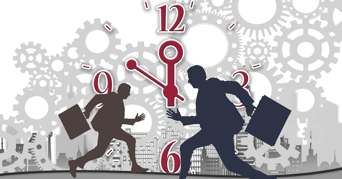 Two workers running with a clock in the background