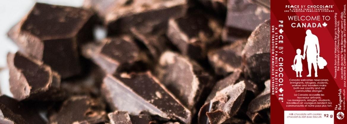 Black chocolate pieces and the logo of the Welcome Bar.