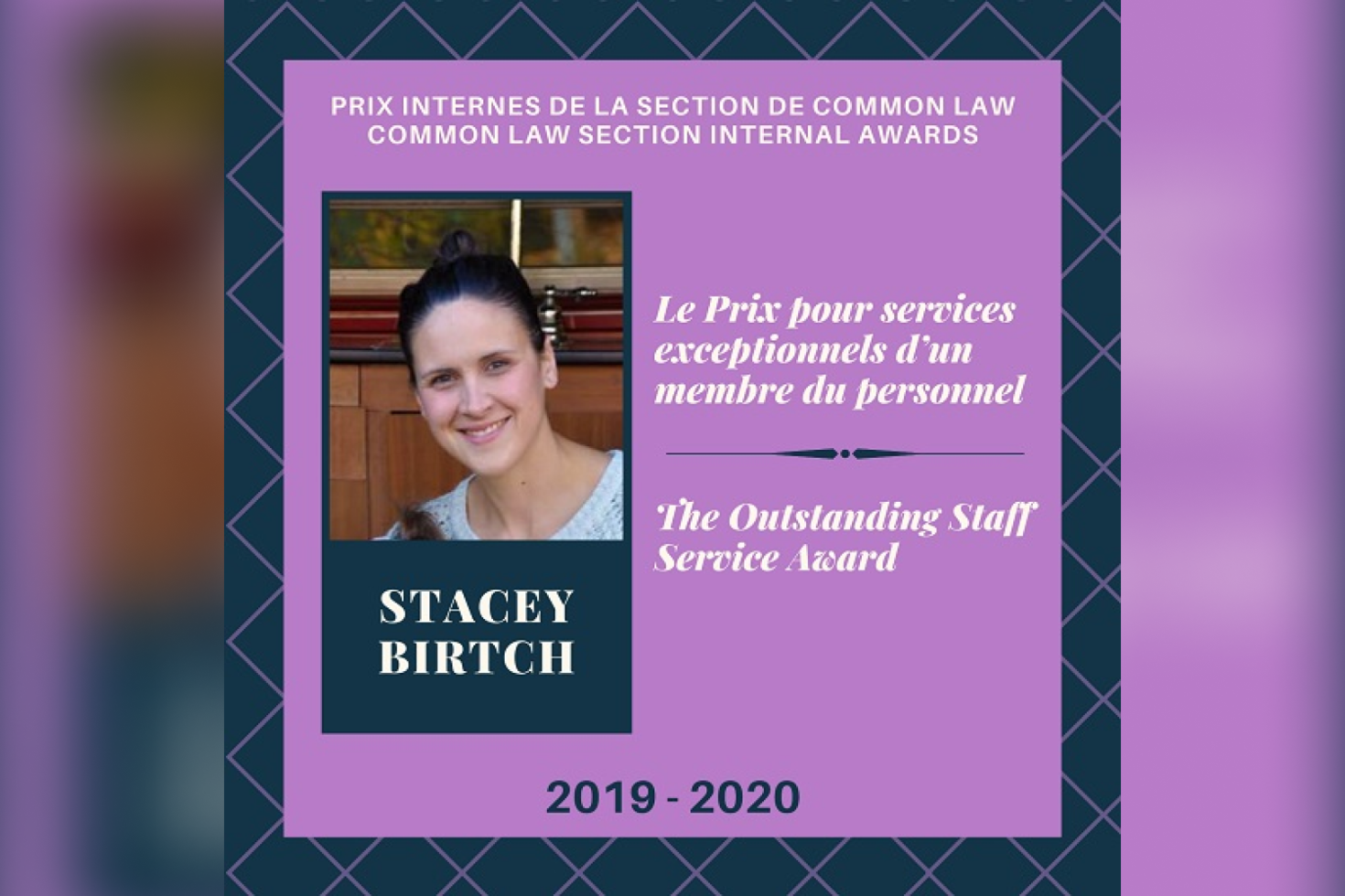 Stacey Birtch, Le Prix pour services exceptionnels d’un membre du personnel
