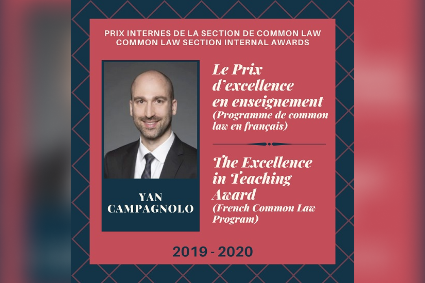 Yan Campagnolo, Le Prix d’excellence en enseignement, Programme de common law en français