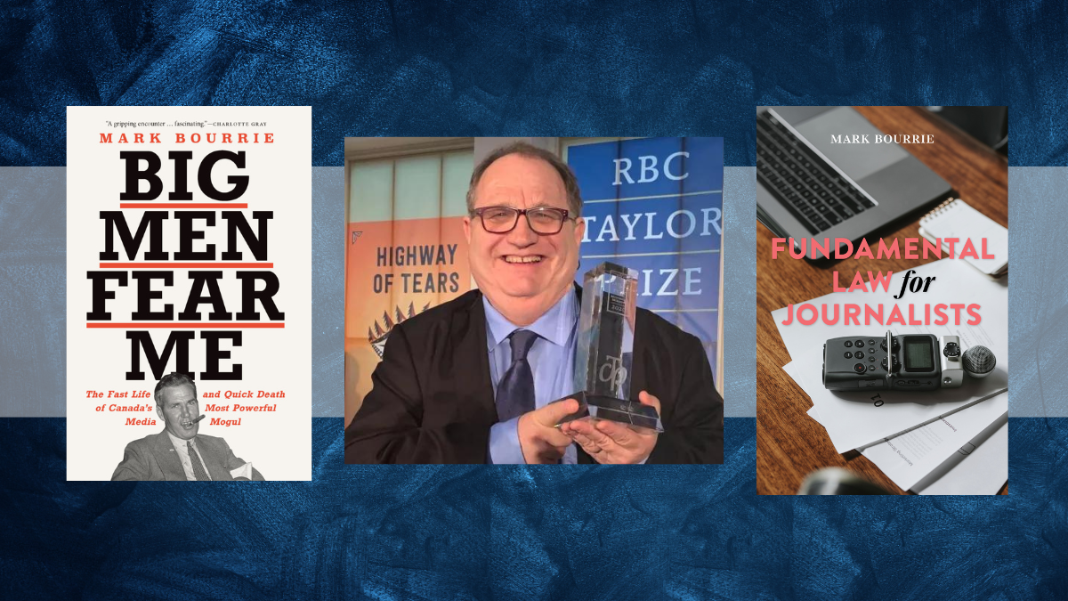 Mark Bourrie with 2 book covers he published