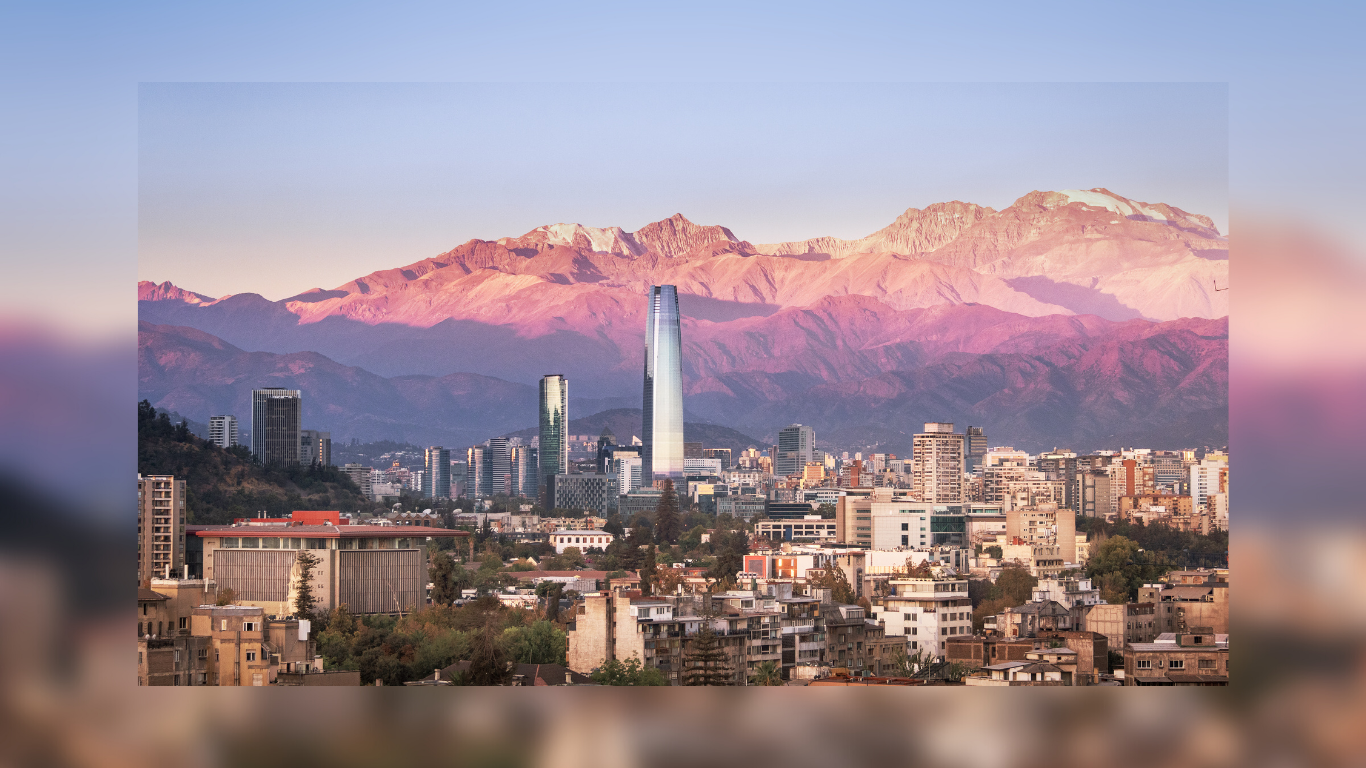 Aerial view of Santiago skyline at sunset