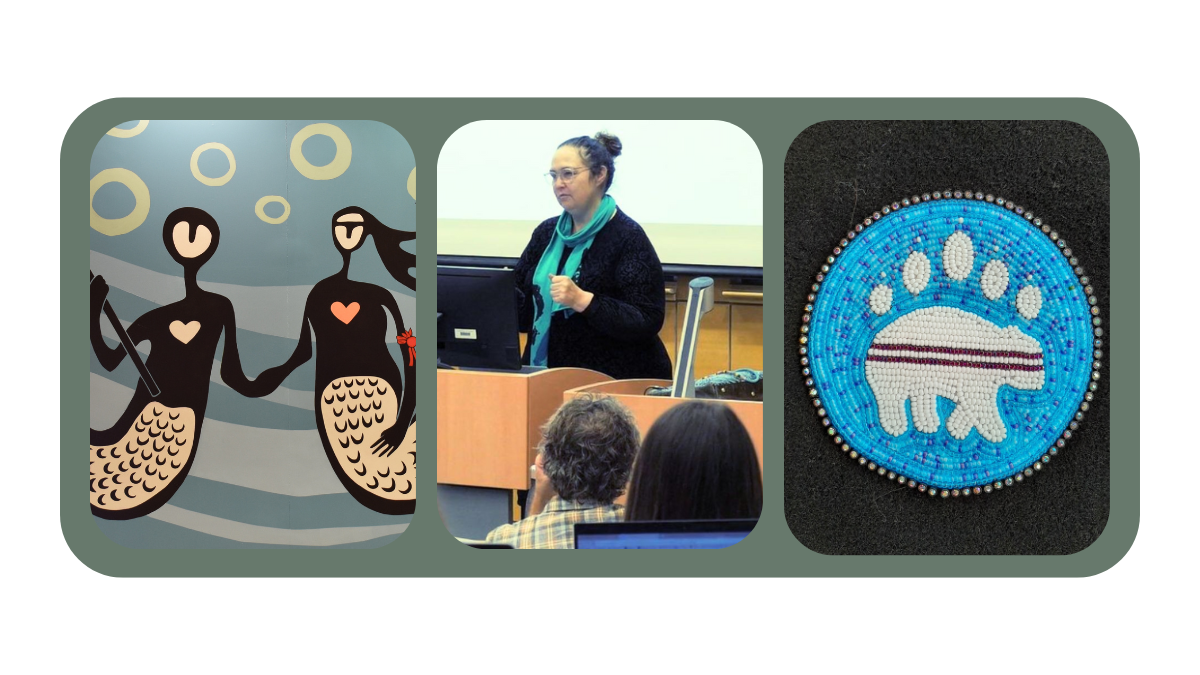Left: Water governance mural. Middle: Professor Signa Daum Shanks teaching Indigenous laws and legal traditions. Right: beaded Abmimi for a graduation stole