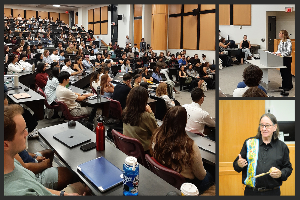 Orientation English Common Law Program. Students sit in large lecture hall. Dean is at podium.