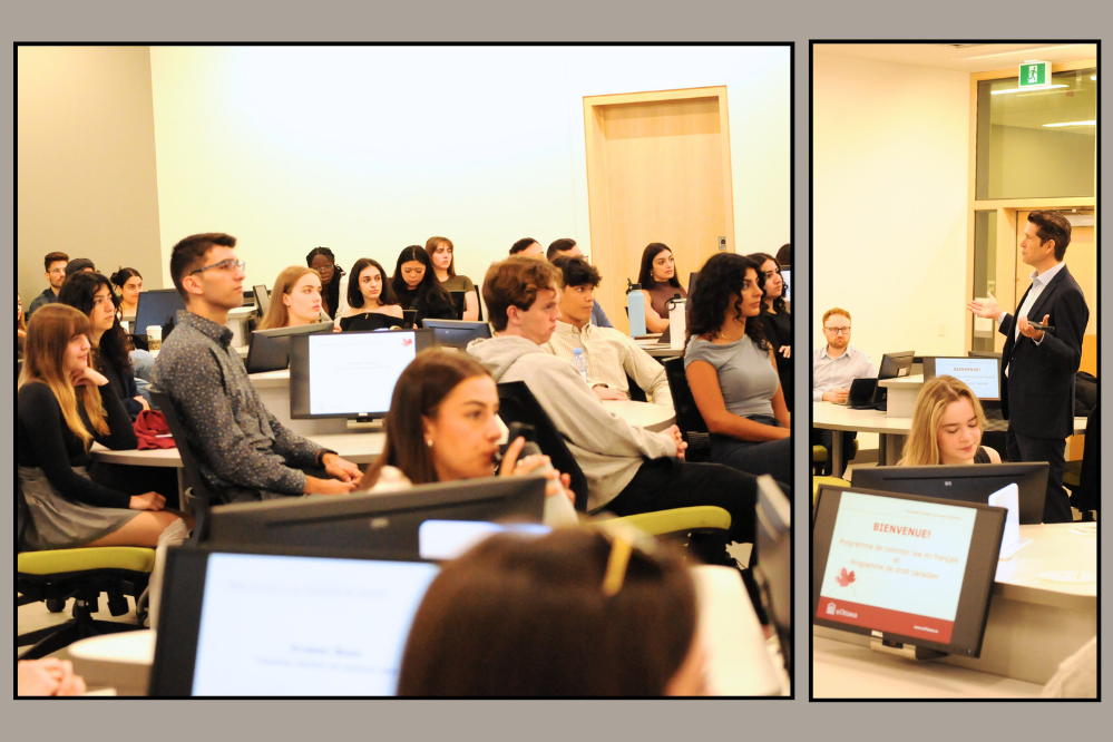 Orientation French Common Law Program. Students sit in large classroom. Professor Alain Roussy stands at the front of the class..