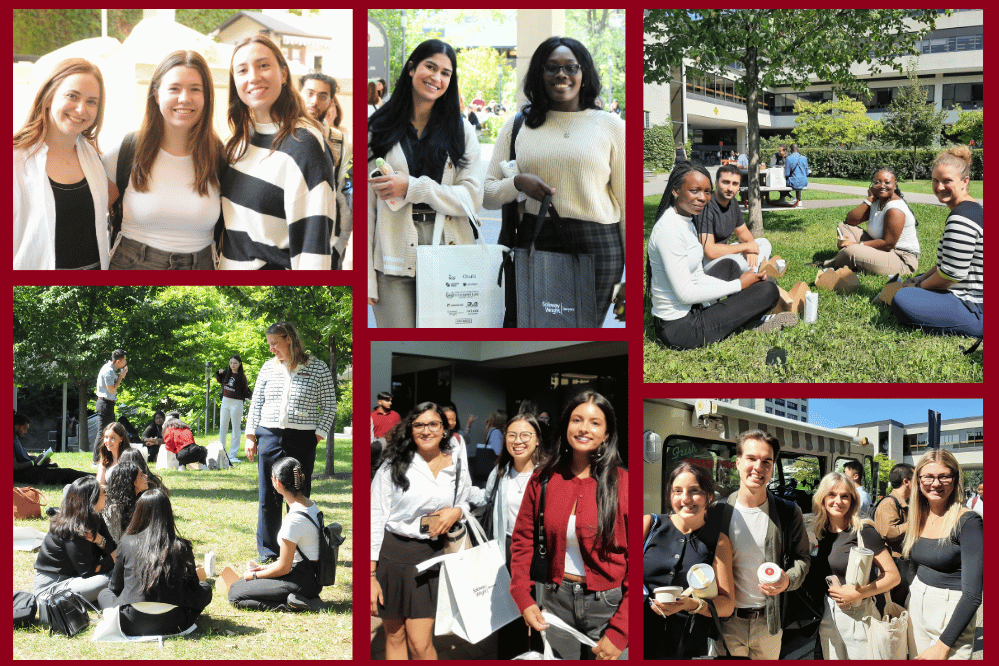 Several photos of smiling students gathered in small groups. Some are sitting on the grass. Some have arms around each other.