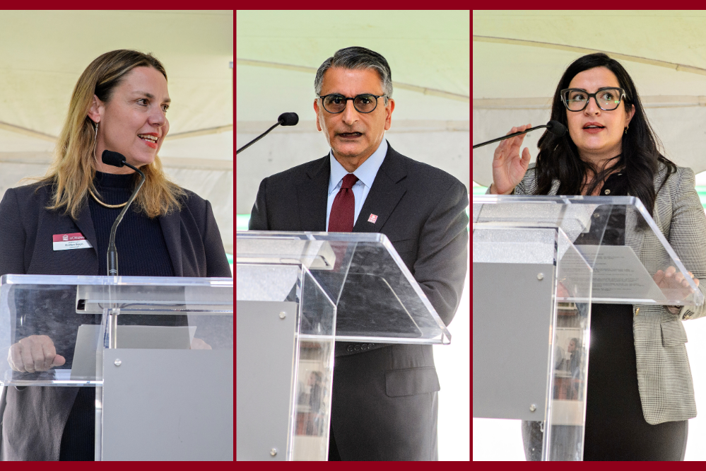 Three separate photographs taken of speakers at a podium.