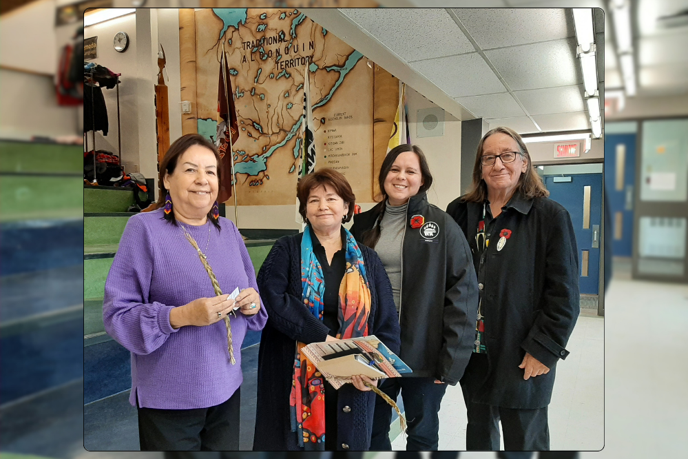 At Kitigan Zibi Kikinamadinan. L-R: Freeda Morin, school principal, the Director of Education, Tasha Simon and Gilbert Whiteduck.