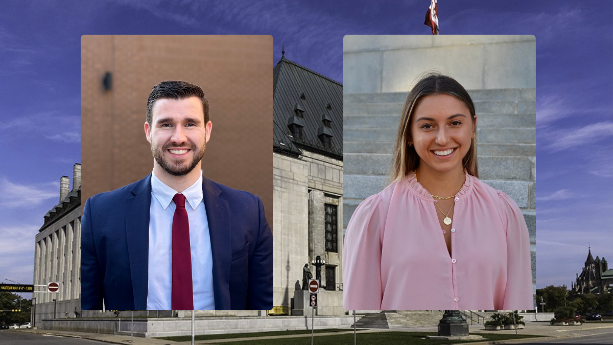 Bradley Henderson, JD ’24, and Sonia Saroj Anand Knowlton, JD ’23, inset against background of the Supreme Court of Canada