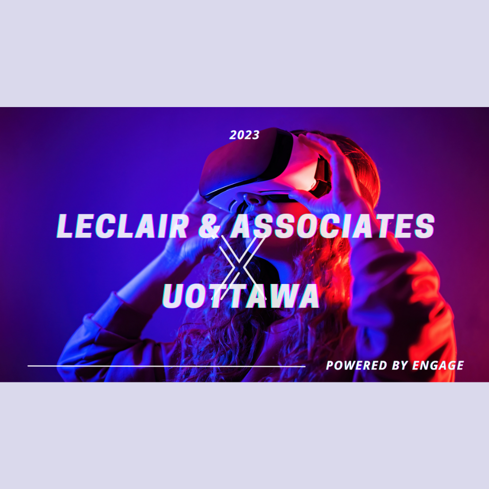 promotional graphic for LeClair  x uOttawa Metaverse Moot - young woman wearing VR headset