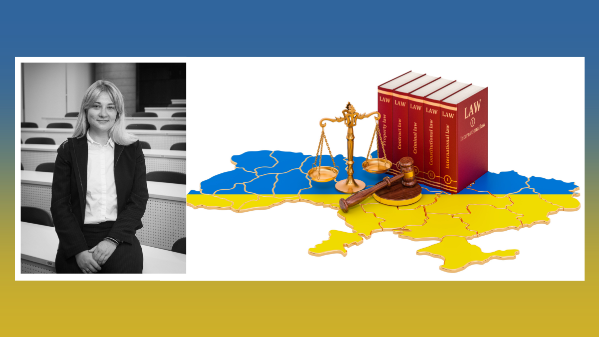 Olha Chernovol with map and flag of Ukraine and scales of justice