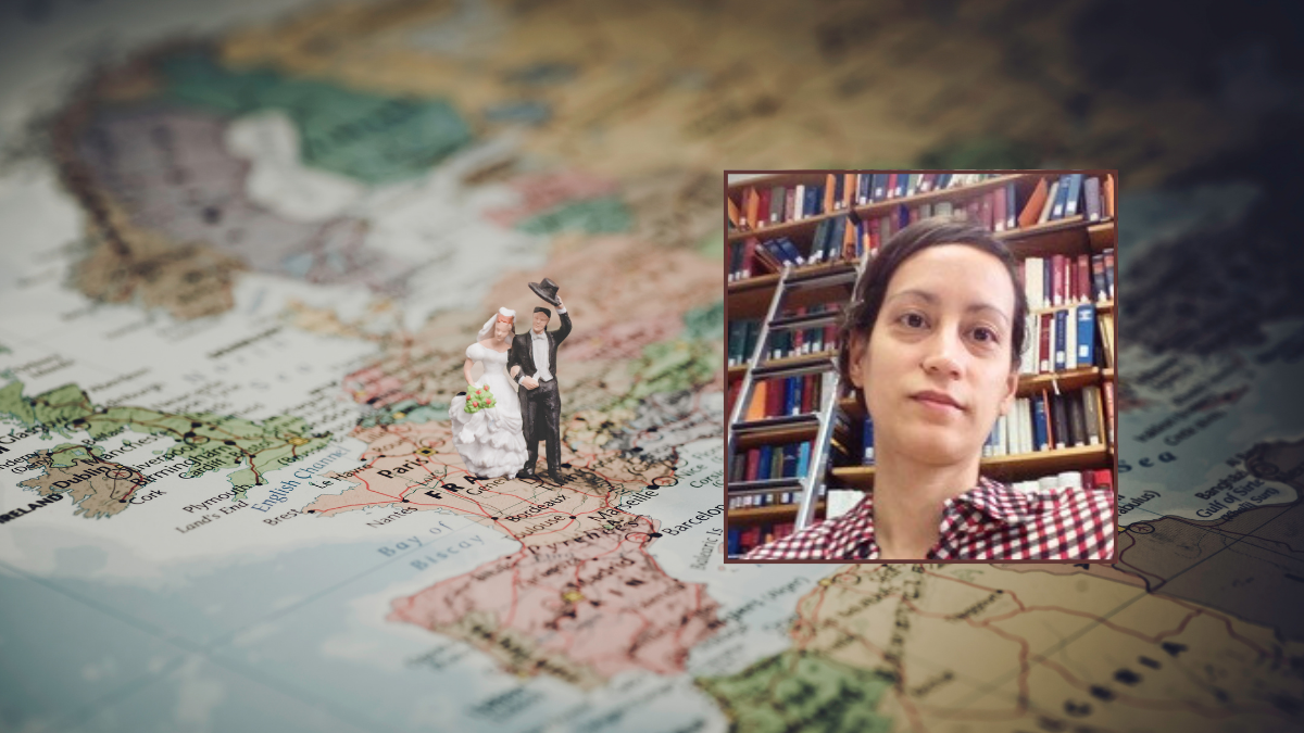 Naivi Chikoc Barreda inset over map with miniature bride and groom