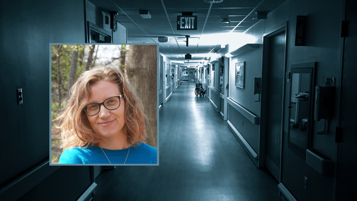 Emannuelle Bernheim set against backdrop of dark hospital corridor
