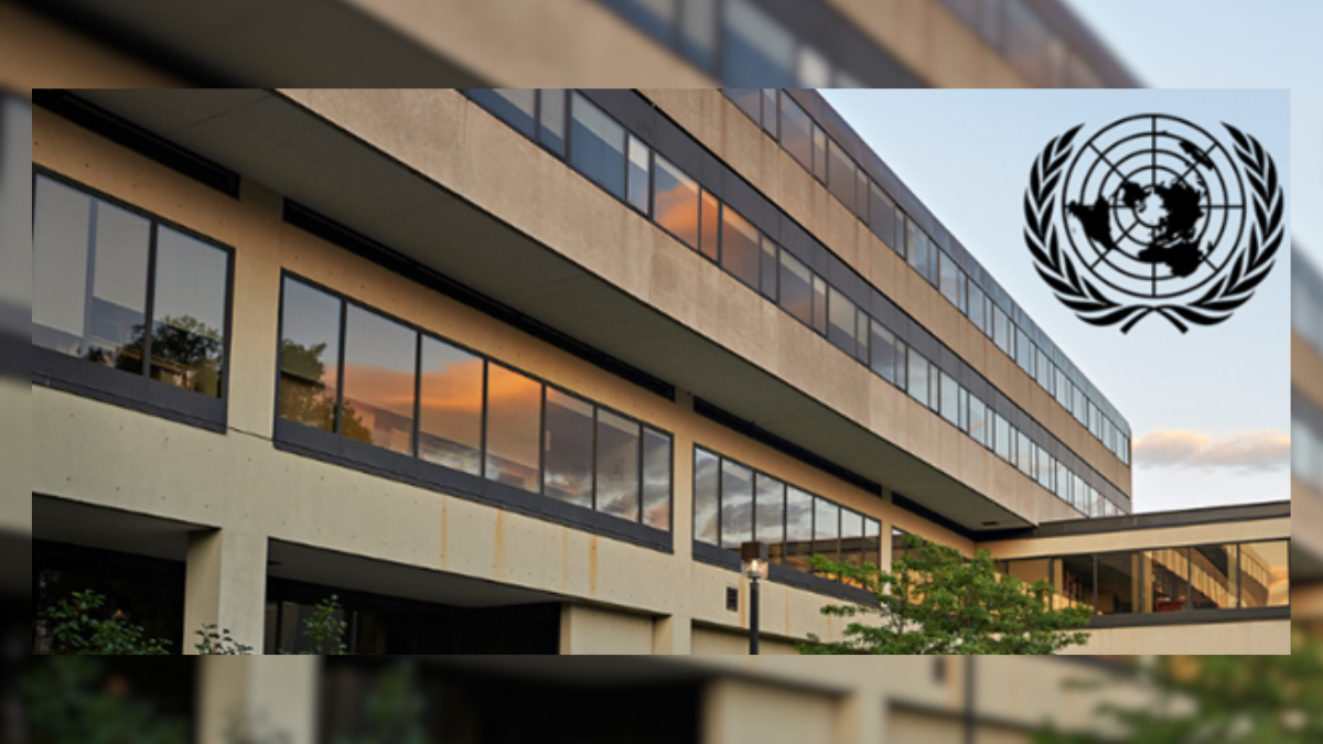 photo of the uOttawa law school building with UN logo in top right corner