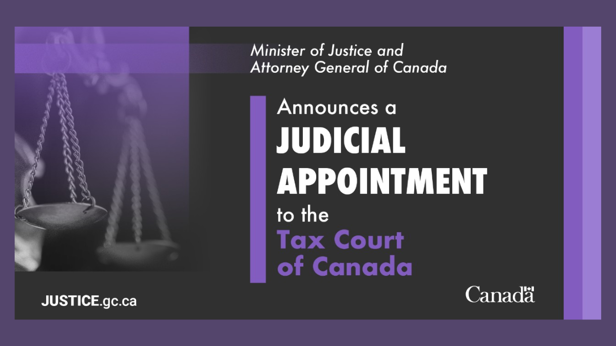Generic poster by Department of Justice announcing a judicial appointment to the Tax Court of Canada