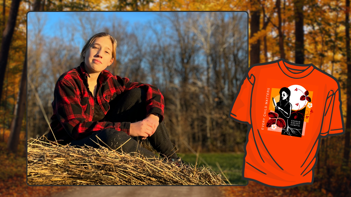 A young woman sits on the grass outside. Inset: an orange tshirt featuring artwork honouring the National Day for Truth and Reconciliation