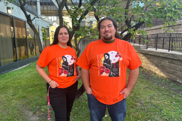 2 persons wearing orange shirt