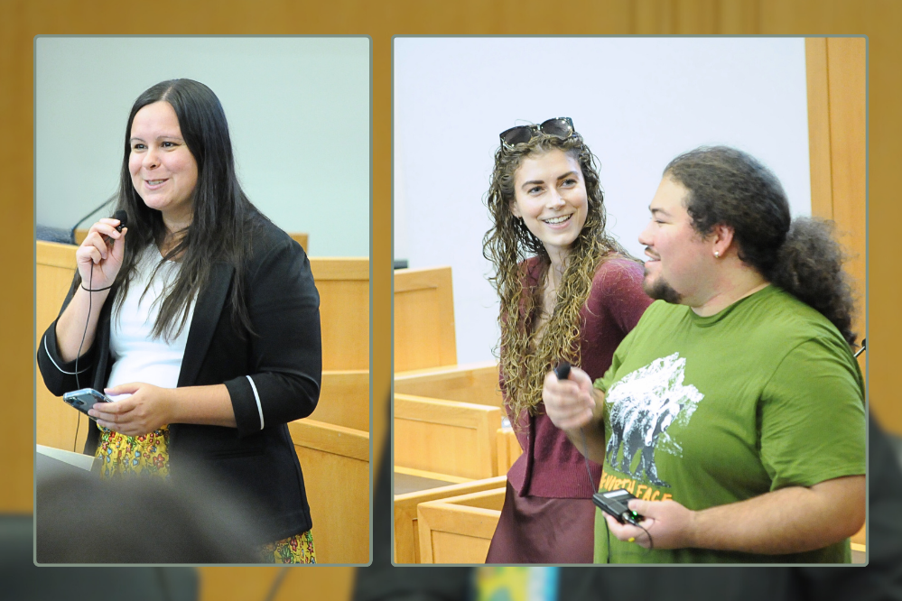 Two photos side by side. on the left is a woman speaking into a microphone. she is smiling. On the right are two students, one male and one female. They are smiling and taking turns speaking into the microphone.