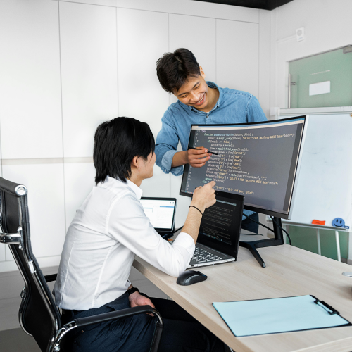 2 students looking at a monitor